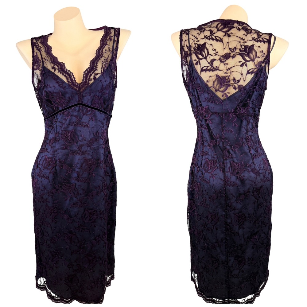 Vtg Purple Lace Overlay Sheath Dress Velvet Trim Gothic Whimsigoth Size 14 y2k
